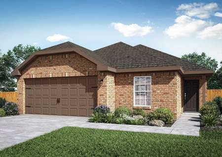 The renderings of the Medina floor plan with brick walls, a brown door and a brown attached garage.
