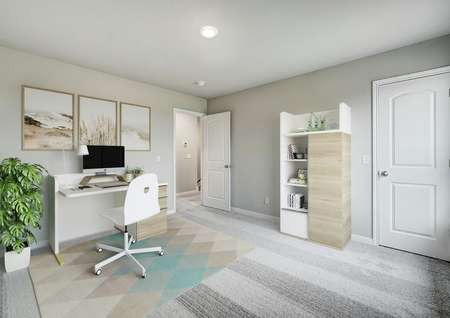 Staged home office with a white desk and chair.