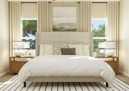 Rendering of the spacious master bedroom
  with a large cream fabric bed centered between two windows. 