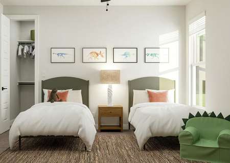 Rendering of a secondary bedroom
  featuring children's furniture and a walk-in closet, complete with fun décor
  and wall art.