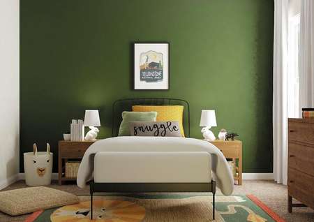 Rendering of secondary bedroom decorated
  as children's room, with green accent wall and window on the right.