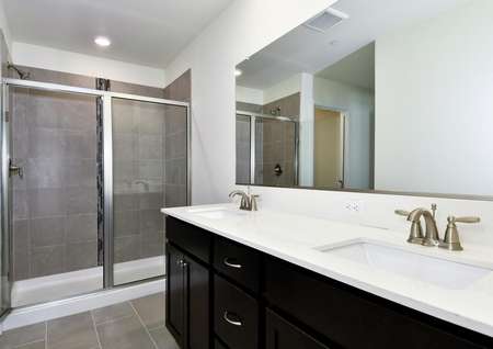 Master bathroom with dual sink vanity and step in shower