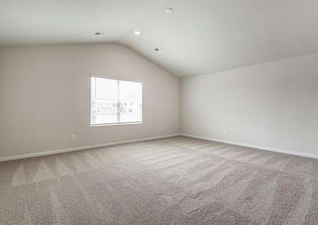 Master bedroom with carpet and a large window.