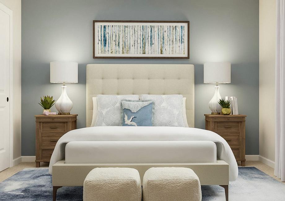 Rendering of a secondary bedroom with a
  cream-colored bed and two wood nightstands against a blue accent wall. On the
  right is a window with white curtains and on the left is the door of the
  closet.