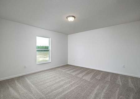 Large guest bedroom with carpeted flooring and a window letting in plenty of natural light.