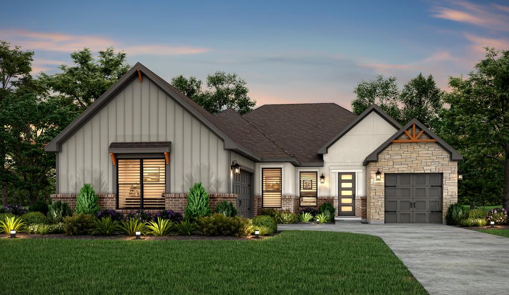 Dusk rendering of the Liberty plan with gray siding and light stucco.