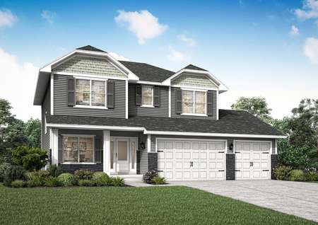 Artist rendering of the two-story St Bart floor plan by LGI Homes with gray and white siding and dark gray stone.