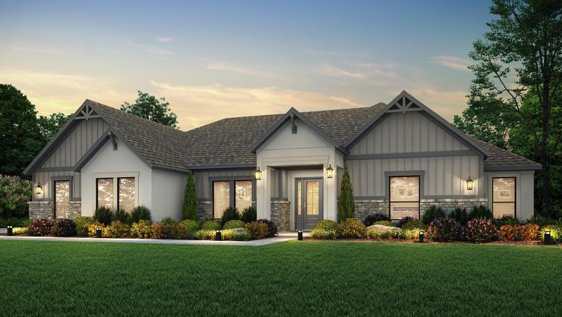 Dusk rendering of the Mantle plan with tan stucco and gray siding and stone accents.