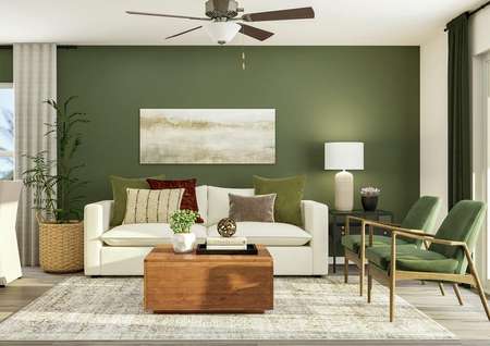Rendering of the living area showcasing a
  sofa, accent chairs, and tables along a green accent wall and a view of the
  dining area to the left.