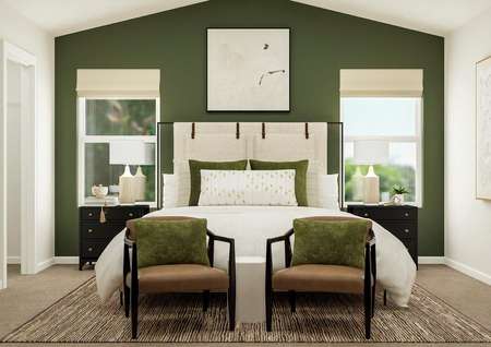 Rendering of the spacious master bedroom
  with vaulted ceiling, two windows and carpeted flooring. The room is
  furnished with a large bed, two nightstands and a two chairs.