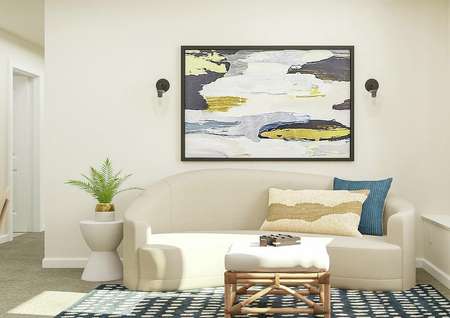 Rendering of the flex space focused on the couch, which sits under a large abstract painting and next to the window. Beside it is a white side table with a potted plant and in front of it is an ottoman.