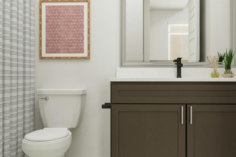 Rendering of a
  full bath with a brown cabinet vanity, toilet and shower hidden behind a
  striped shower curtain.