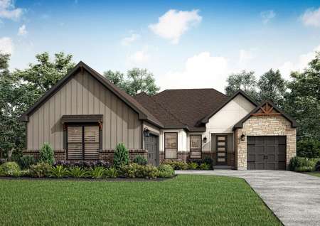 The Liberty is a stunning, single-story home with light stucco, brick and gray siding.