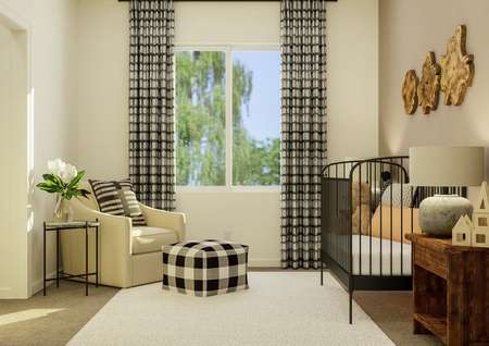 Rendering of a secondary bedroom
  converted into a nursery, complete with a crib, nightstands, and a sitting
  area.