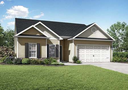 Alexander single-story house plan front with grassy yard, two-car garage, and brown siding
