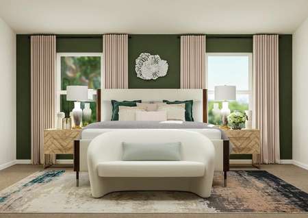 Rendering of the spacious master suite in
  the Fripp, which has two windows and a vaulted ceiling. The room is furnished
  with a large bed, two nightstands, loveseat and a rug.