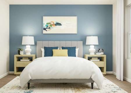 Rendering of a bedroom with a large bed
  centered between two nightstands. Abstract art hangs above the bed and a
  window is to the right.