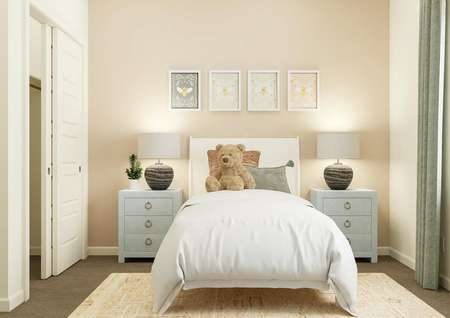 Rendering of a little girl's room
  furnished with a twin bed, two nightstands and a rug.