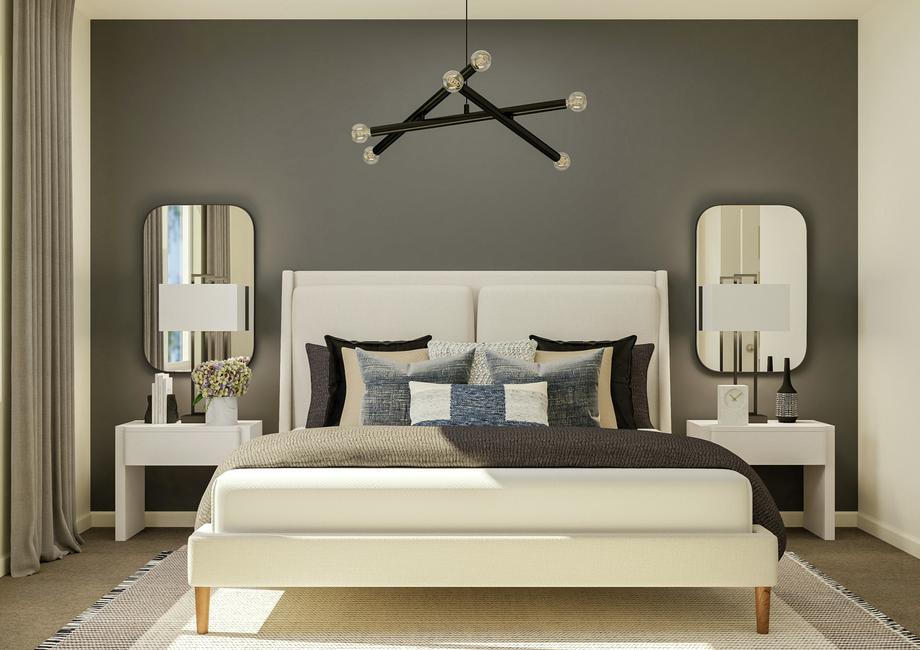 Rendering of the spacious master suite
  focused on the large bed centered between two nightstands. Mirrors hang above
  the nightstands.