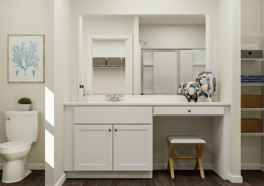 Rendering of the master bath focused on
  the sink with white cabinet vanity. Linen storage and the toilet are on
  either side and the shower is visible in the reflection.