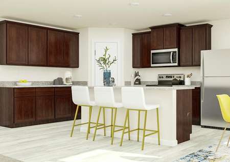 Rendering of the kitchen in the Hennepin with brown cabinets, granite countertops, stainless steel appliances and a large island with three chairs.