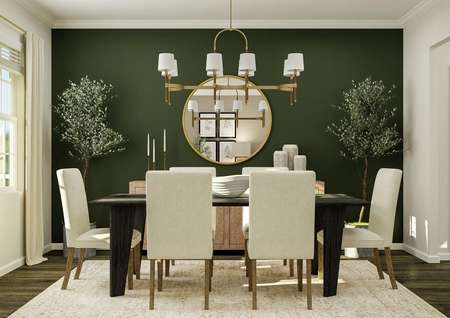Rendering of the formal dining room,
  which has a large window and vinyl plank flooring. The space is decorated
  with a six-person dining table, chandelier and rug.