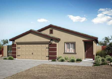 Exterior rendering of the Taos floor plan with tan and maroon paint, tile roof, 2-car garage