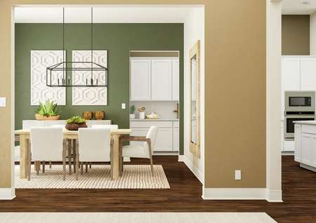 Rendering of entryway showing a white
  front door, white runner rug, dark wood look flooring, and view into the
  formal dining room.