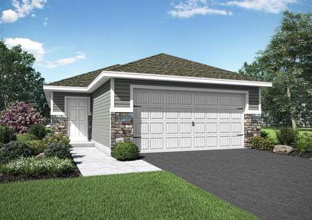 Artist rendering of the front elevation of the rambler style St. Anna plan by LGI Homes with gray siding and stone accents, two-car garage with a white door.