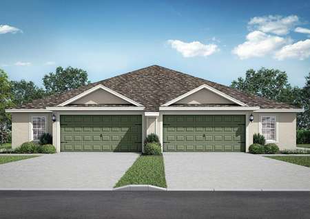 Lido Key new home rendering with single story, two car garage door, and landscaped yard