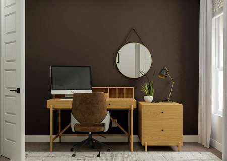Rendering of an office space featuring a
  desk and office furniture along a brown accent wall with a closet to the
  left. 