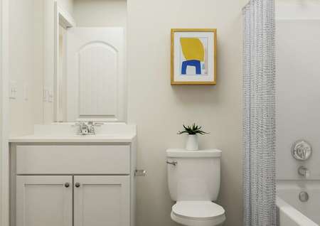 Rendering of a
  bath showing white cabinet vanity, white toilet with abstract artwork hanging
  above it and the shower on the right.