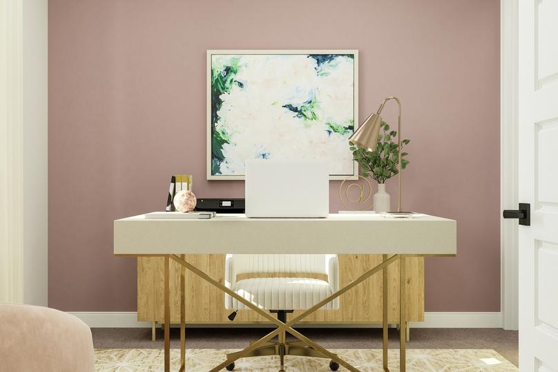 Rendering of a secondary bedroom
  converted into a home office featuring a large white desk and chair along a
  pink accent wall.