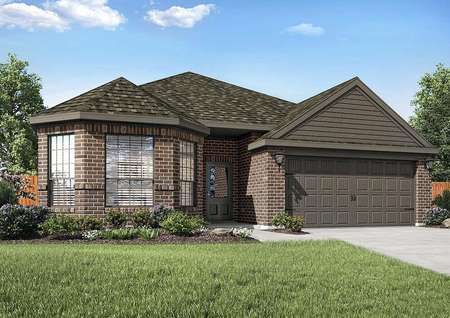 Michigan new home plan exterior with dark accent paint, landscaped yard, and two-car garage