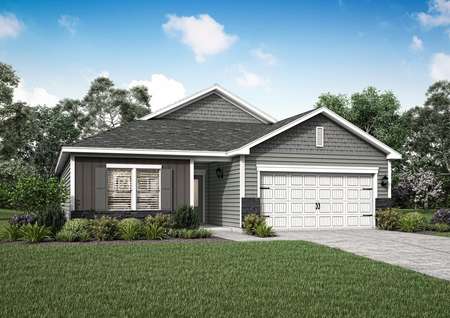 Artist rendering of the one-story Noble plan by LGI Homes in gray and sage green siding with white trim and gray stone accents.