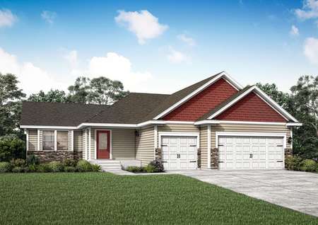 Artist rendering of the Wabasha by LGI Homes in red and tan siding with white trim and brown stone accents.