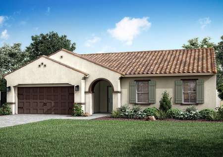 The Coronado is a beautiful single-story home with stucco and light green shutters.
