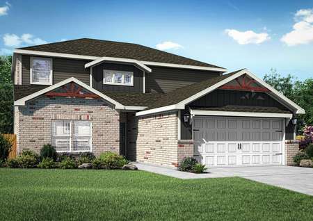 The Murray is a two-story home with siding, brick and a covered front entryway.