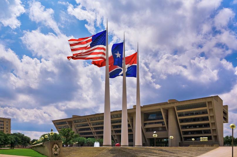 American Flag, Texas State Flag, City of Dallas Flag, in front of Dallas City Hall, City of Dallas, Texas, TX, inverted pyramid-style building