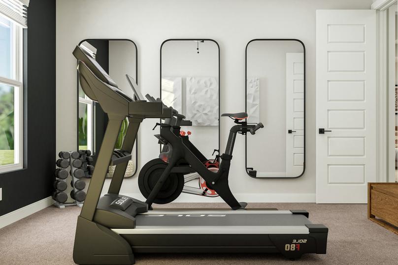 Rendering of the flex room converted into  a home gym, complete with treadmill, stationary bike, and space for weights  and yoga.