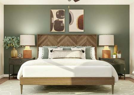 Rendering of spacious master bedroom
  showing large wood framed bed with matching nightstands along a green accent
  wall and tan carpet throughout.