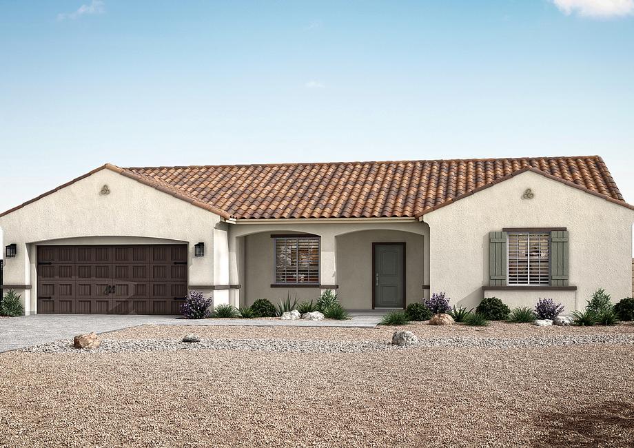 The Hermosa plan is a charming, single-story home with stucco.