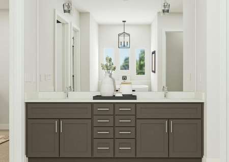Rendering showing the master bathroom's
  double vanity with quartz countertops dark brown cabinets next to a linen
  closet. The freestanding bath and chandelier are visible in the wide mirror.