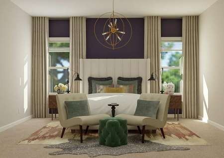 Rendering of a large master bedroom
  showing a bed between two windows. Two armchairs sit at the foot of the bed.