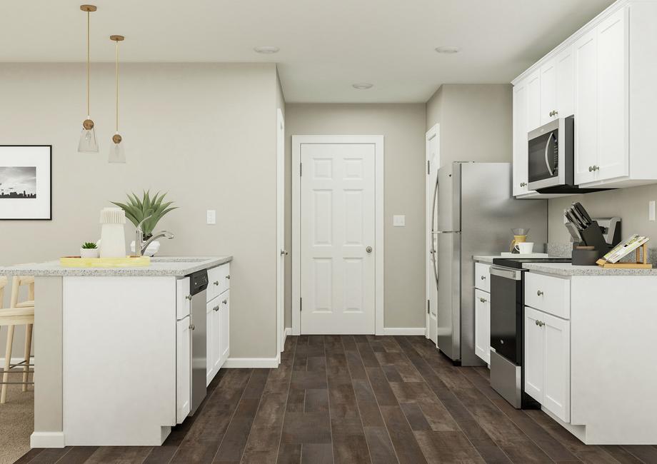 Rendering of the kitchen with luxury
  vinyl plank flooring, white cabinetry, stainless steel Whirlpool brand
  appliances and granite countertops.