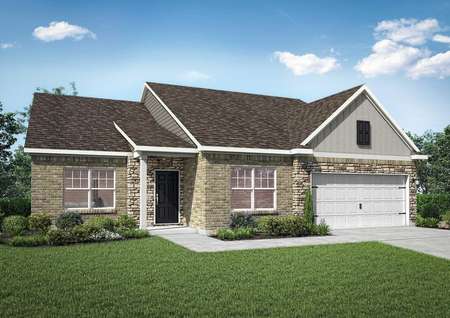 The Dockery exterior single level family home rendering with brick siding, shingle roofing, white 2 car garage and landscaped front yard