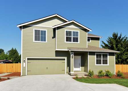 Exterior photo of the Mercer by LGI Homes with olive green siding, light trim and front yard landscaping.