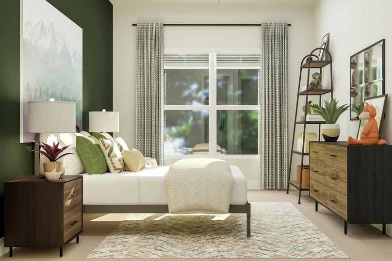 Rendering of the third bedroom furnished  with a large bed, nightstands and chest of drawers. The carpeted room has a  large window and the forest-green accent wall is decorated with a landscape  painting.