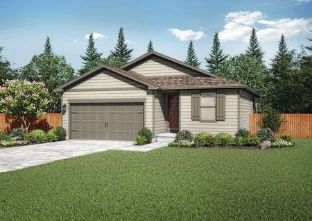 Arapaho new home rendering exterior with brown shutters, two-car garage, and paved driveway