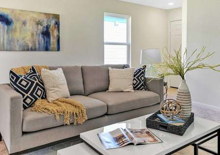 Staged home with gray sofa with white and gray and black pillows, coffee table with open magazine and decoration and wall art hanging on the wall